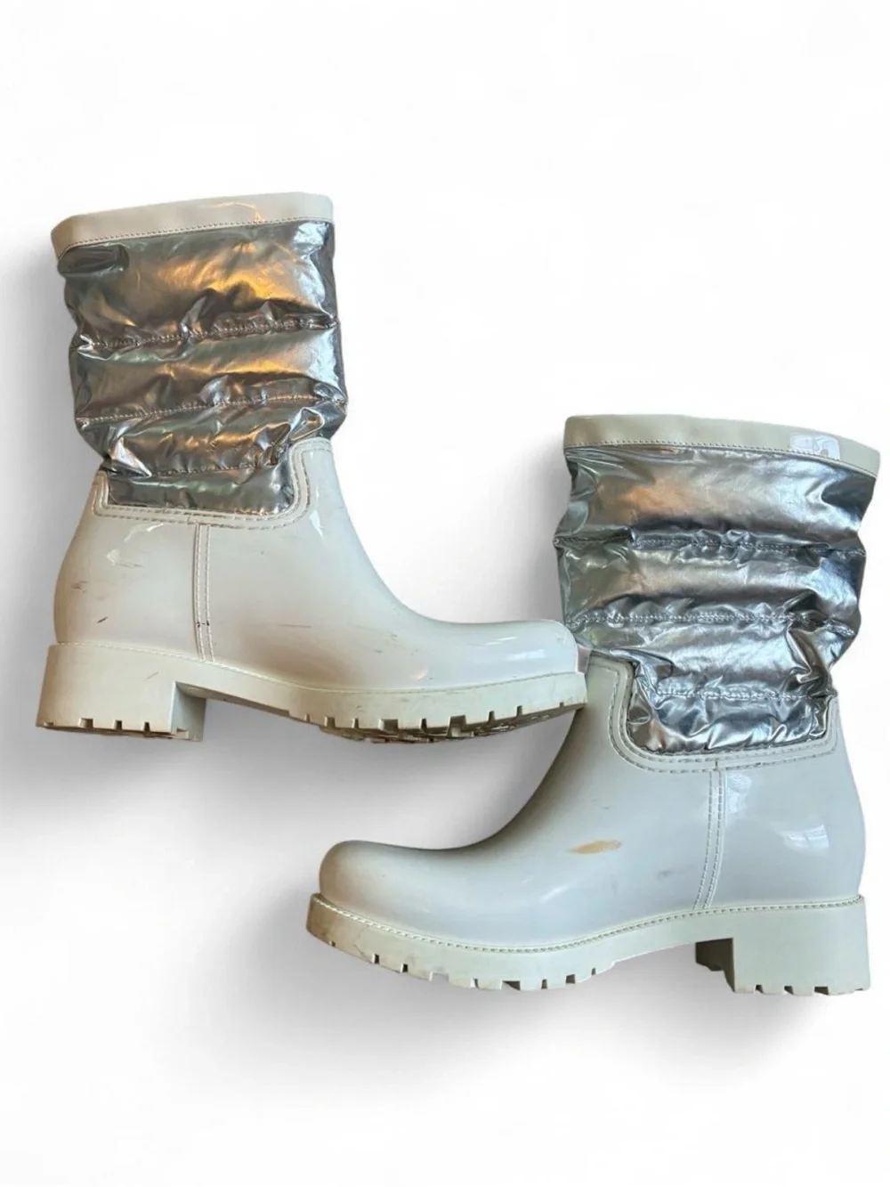 Moncler Gisele Rain Boot White & Metallic Size 37